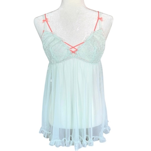 Victoria's Secret Lace & Mesh Mint Green Chemise Babydoll with Sheer Ruffle Trim - Picture 1 of 12